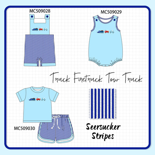 PO65 Blue truck embroidery seersucker stripe collection - closing 9/15- ETA late January