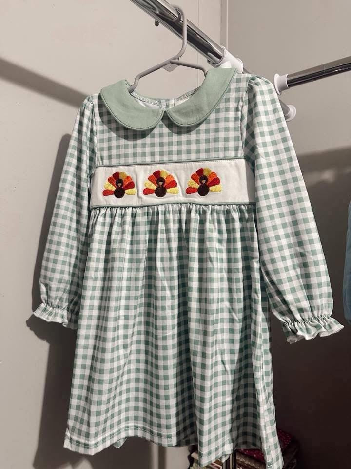 3T girls green gingham turkey dress