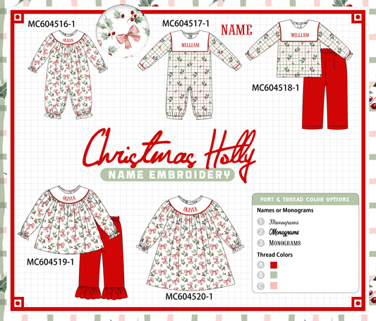 PO88 Christmas holly monogram embroidery bow collection - closing 4/27 - eta late September