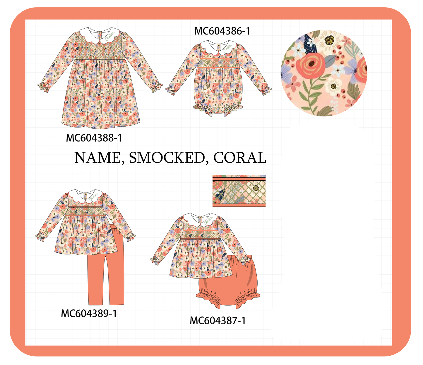 PO86 Coral floral monogram embroidery smocked collection  - closing 4/13 - ETA early September