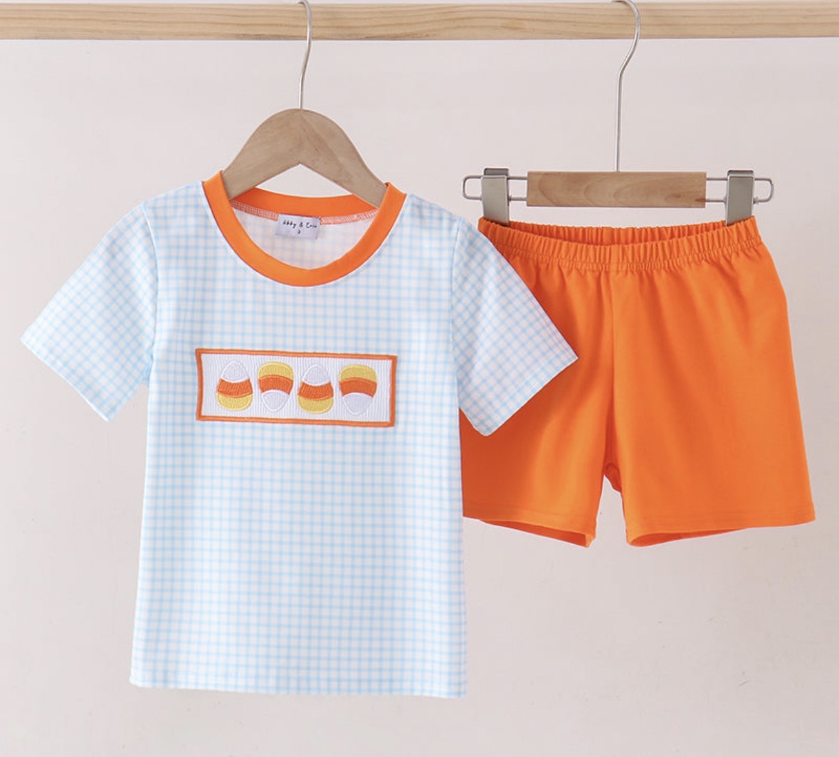 blue gingham candy corn embroidery short set