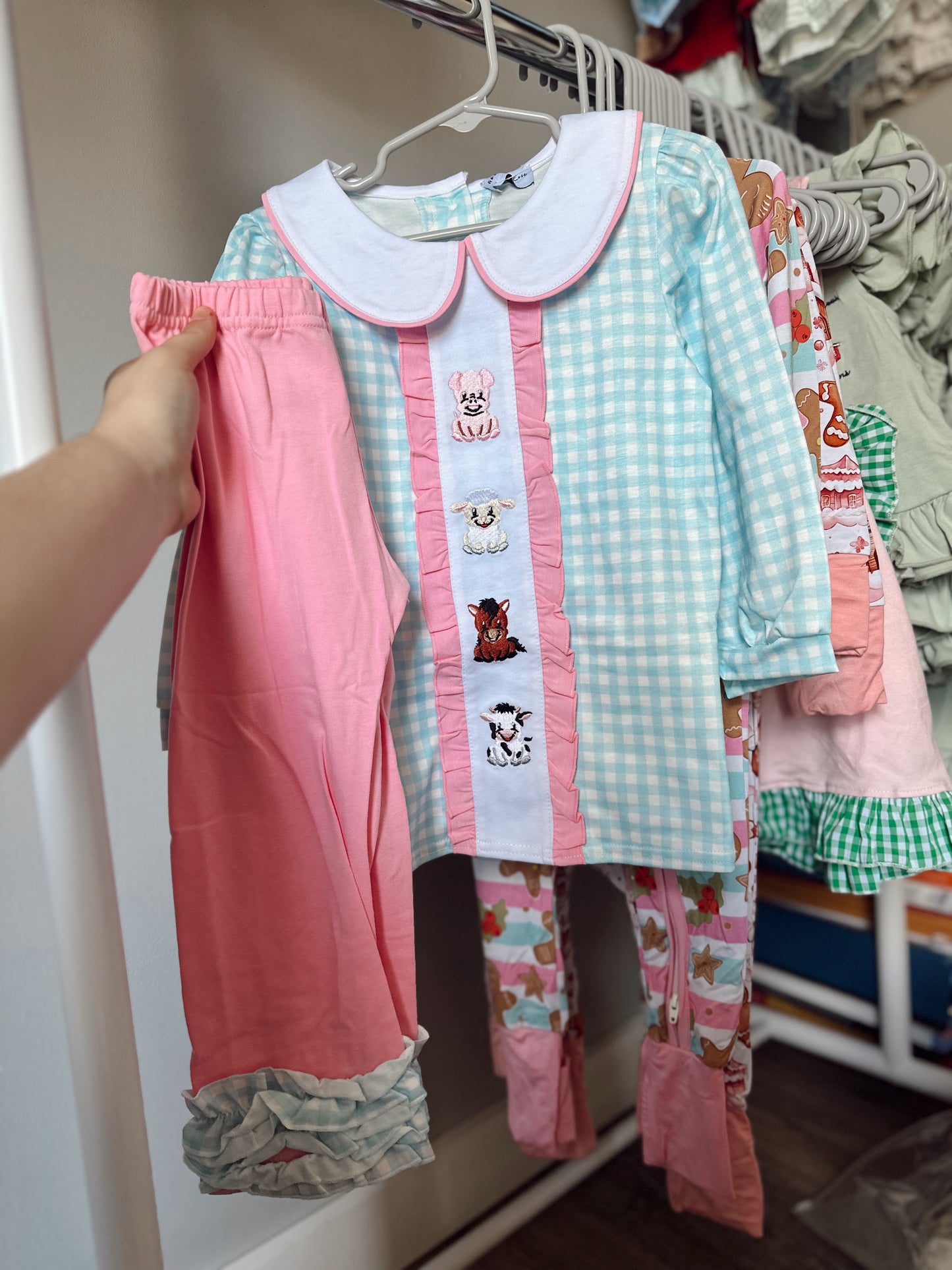 Girls pink & blue farm pant set