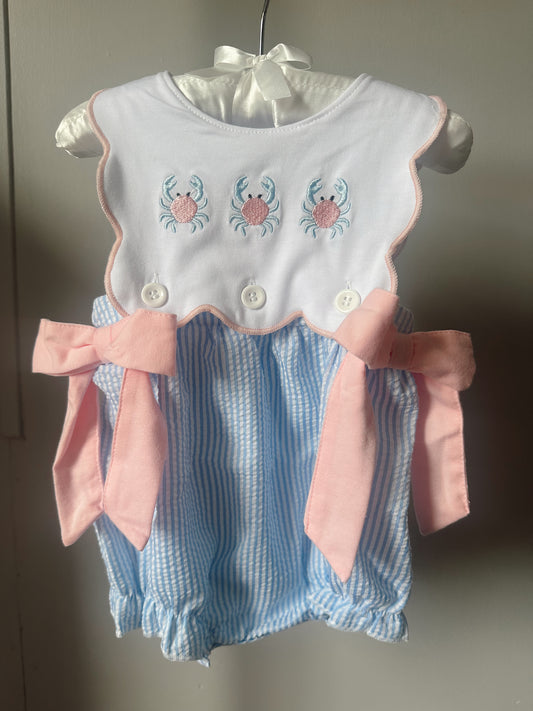 girls blue crab embroidery seersucker bubble