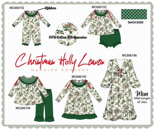 PO95 Forest christmas holly leaves smocked collection - closing 6/22 - ETA late November