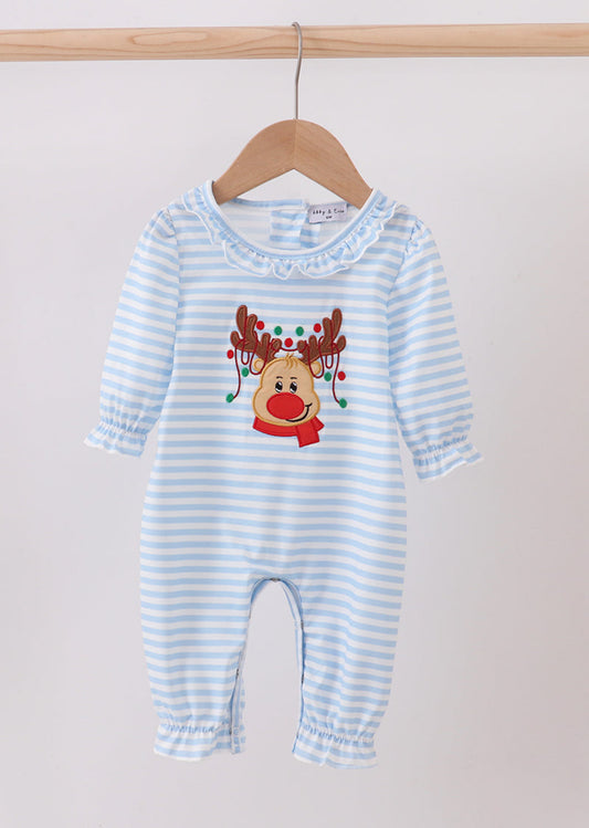 Blue striped reindeer girl romper