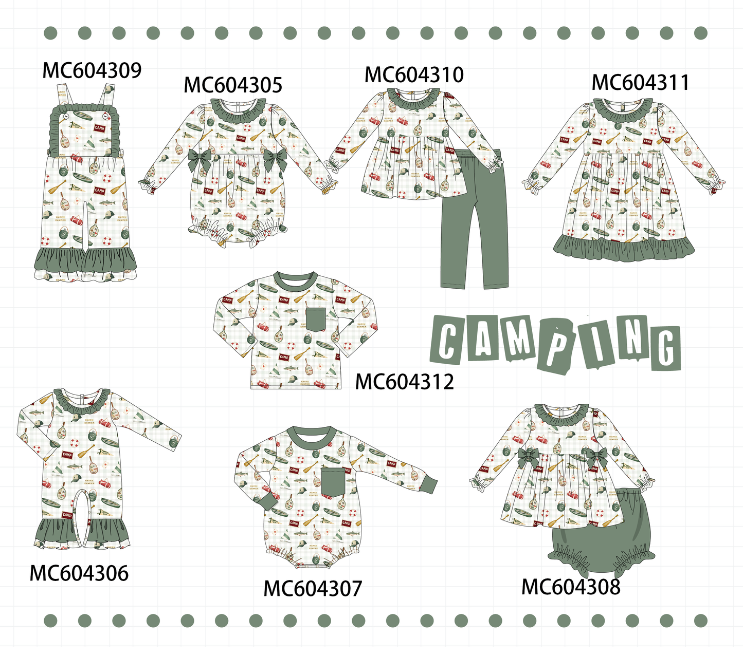 PO86 Green camping print ruffle collection  - closing 4/13 - ETA early September