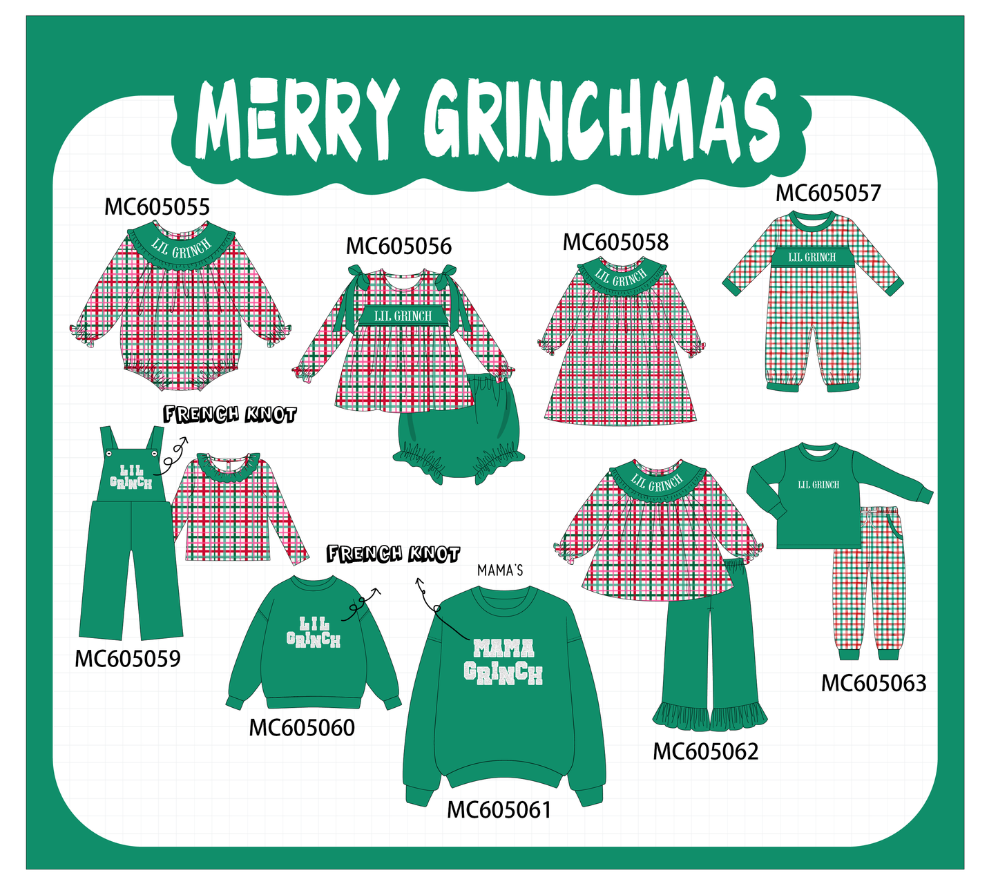PO92 Green christmas LIL GRINCH french knot plaid collection - closing 5/25 - ETA late October