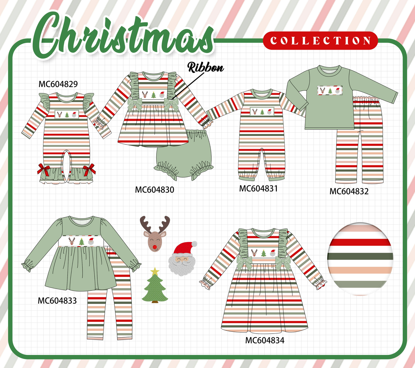 PO90 Green christmas reinder tree santa embroidery stripe collection - closing 5/11 - ETA early October