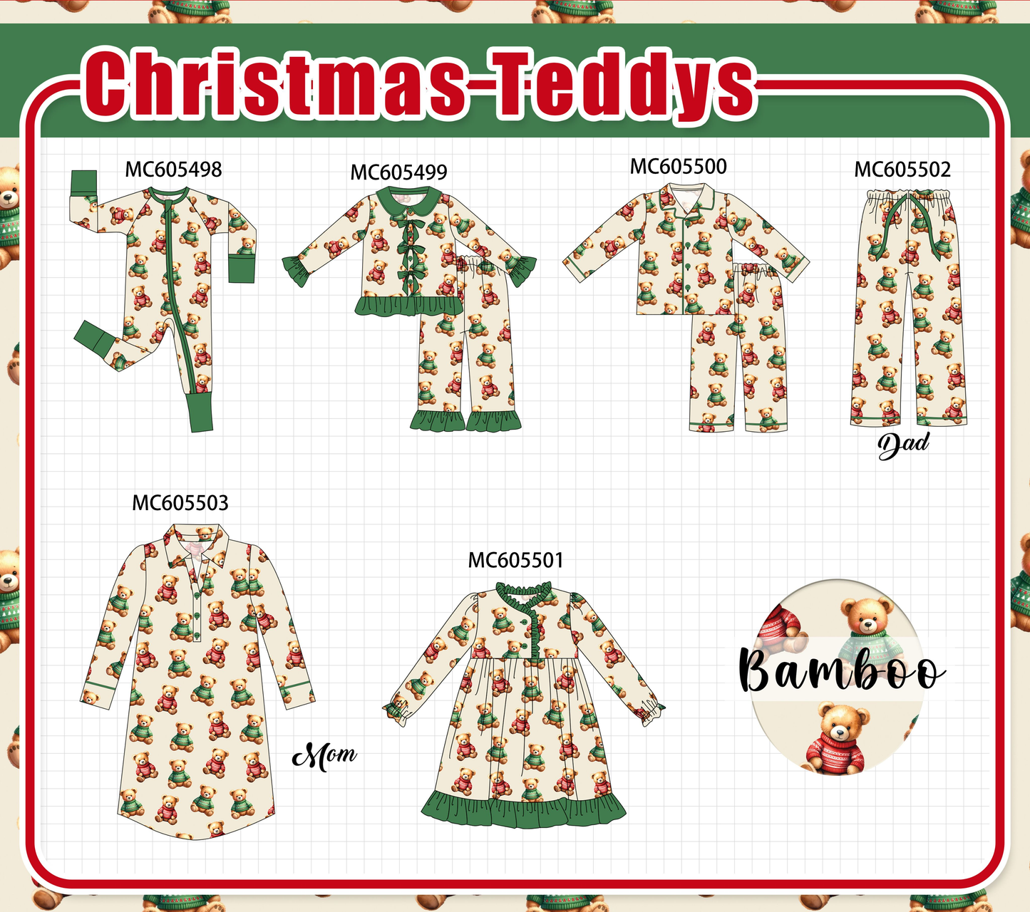 PO93 Green christmas teddy print bamboo collection  - closing 6/8 - ETA November