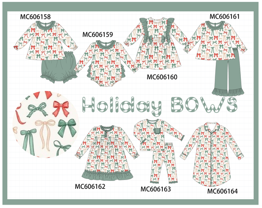 PO95 Green holiday bow print ruffle collection - closing 6/22 - ETA late November