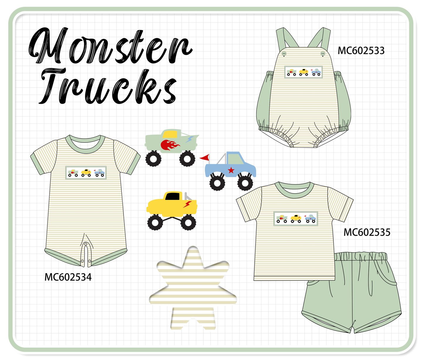 PO82 Green monster trucks embroidery stripe collection - closing 3/2 - ETA July