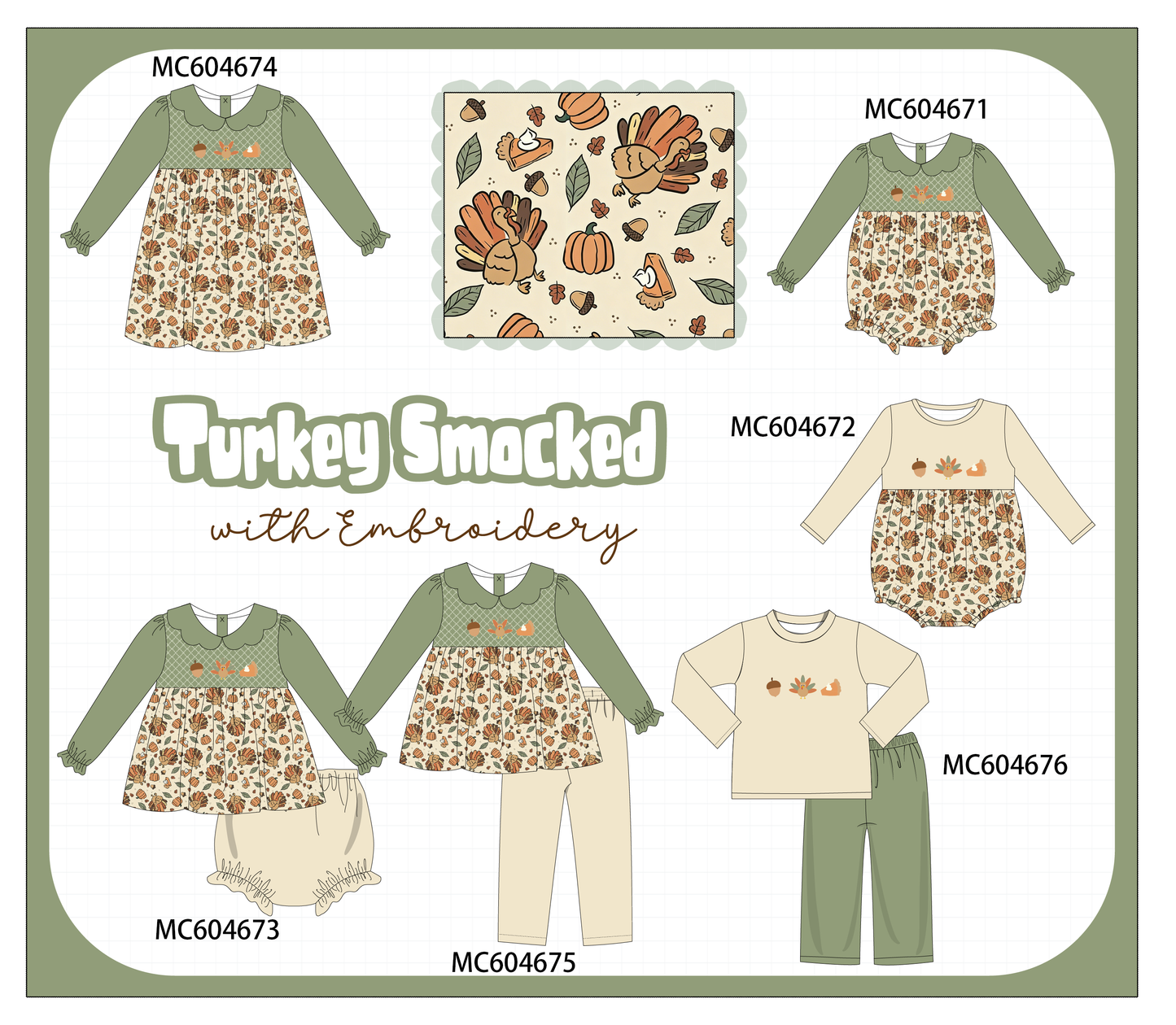 PO88 Green pumpkin turkey embroidery smocked collection - closing 4/27 - eta late September