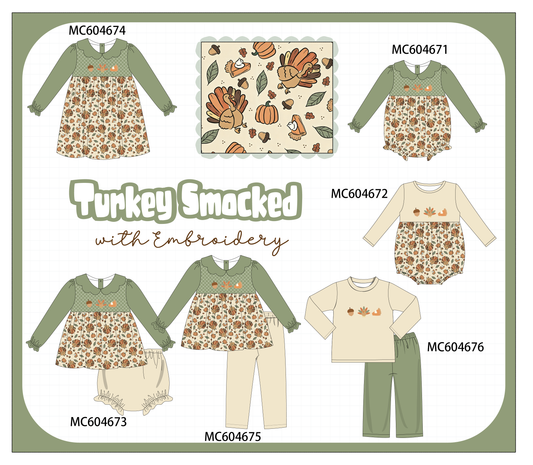 PO88 Green pumpkin turkey embroidery smocked collection - closing 4/27 - eta late September