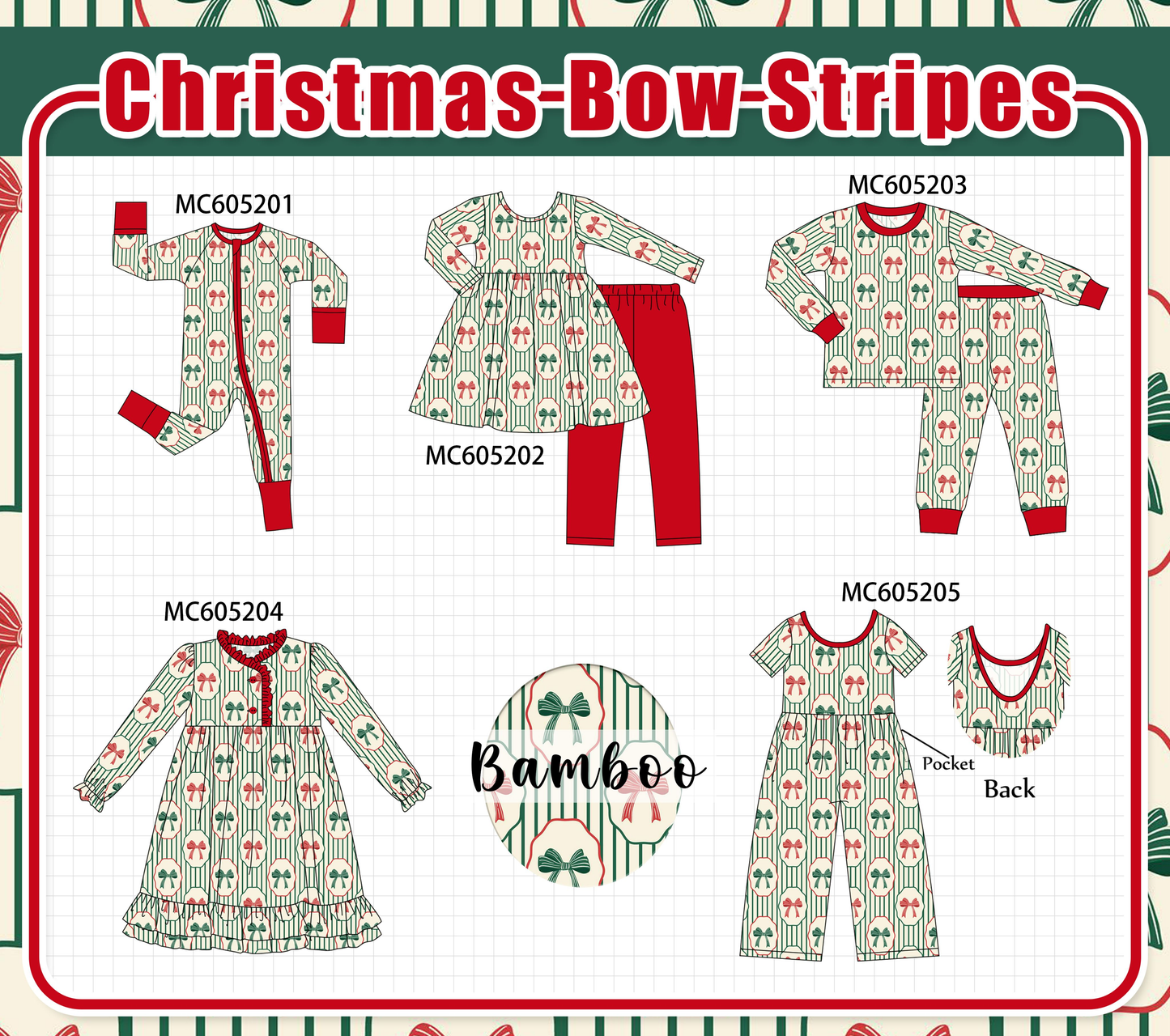 PO92 Green stripe christmas bow bamboo collection - closing 5/25 - ETA late October