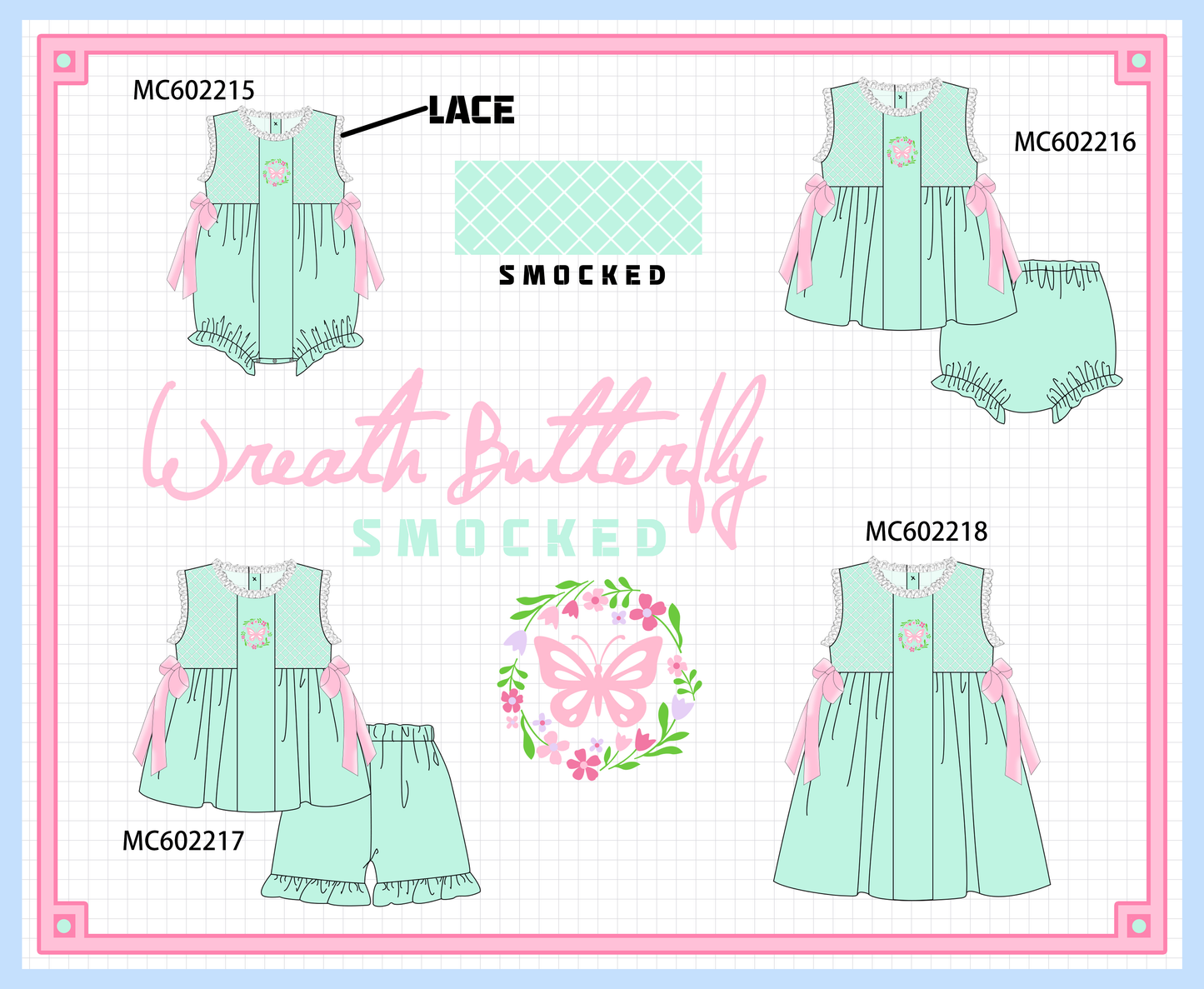 PO81 Green wreath butterfly smocked lace collection - closing 2/16 - ETA July