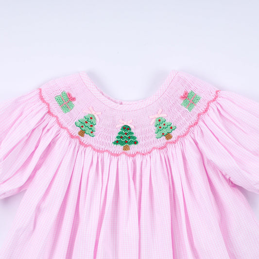 Pink christmas tree hand smocked ruffle pants set
