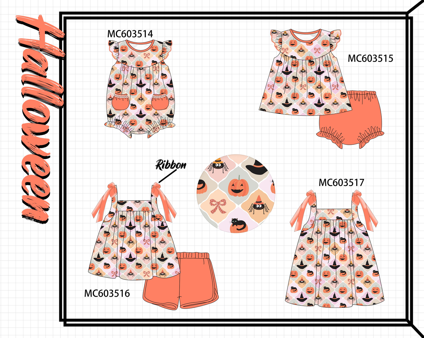 PO85 Halloween pumpkin spider bow ribbon ruffle collection - ETA late august - closing 3/30