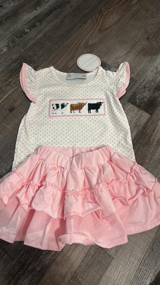 Girls pink cow skirt set