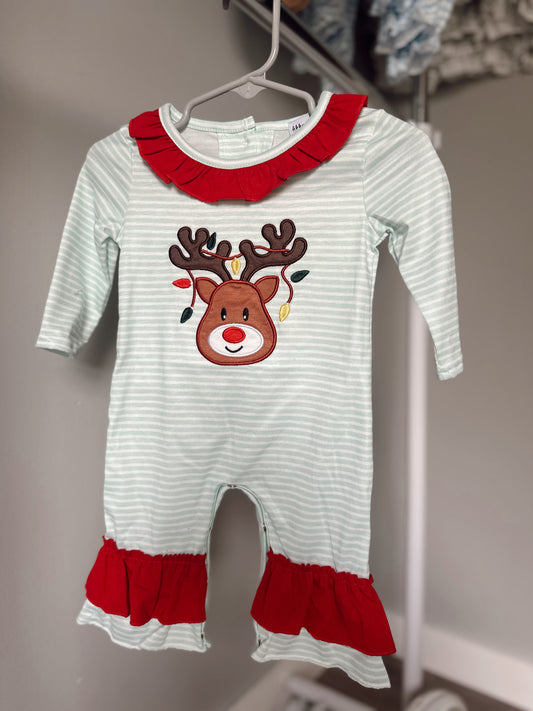 Blue & red reindeer girl romper