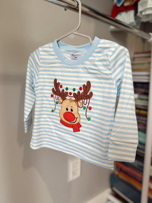 Boys blue striped reindeer top
