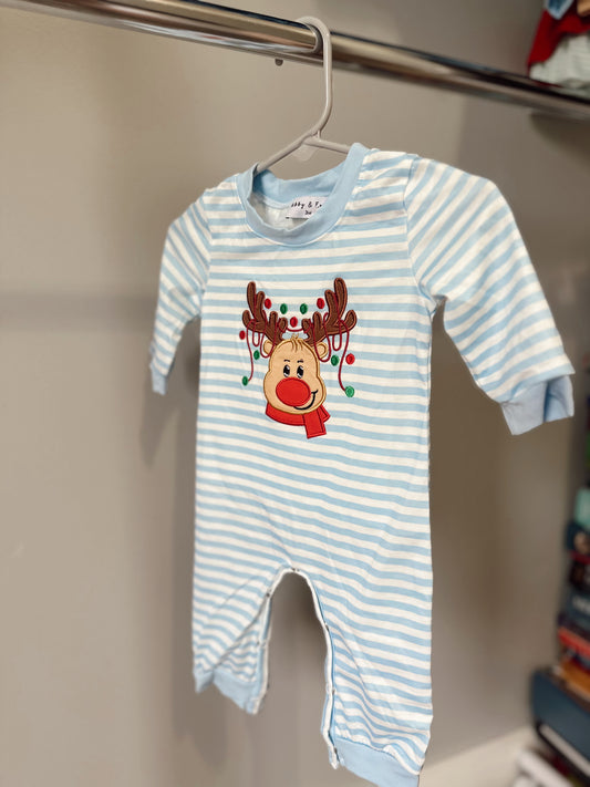 Boys blue striped reindeer romper