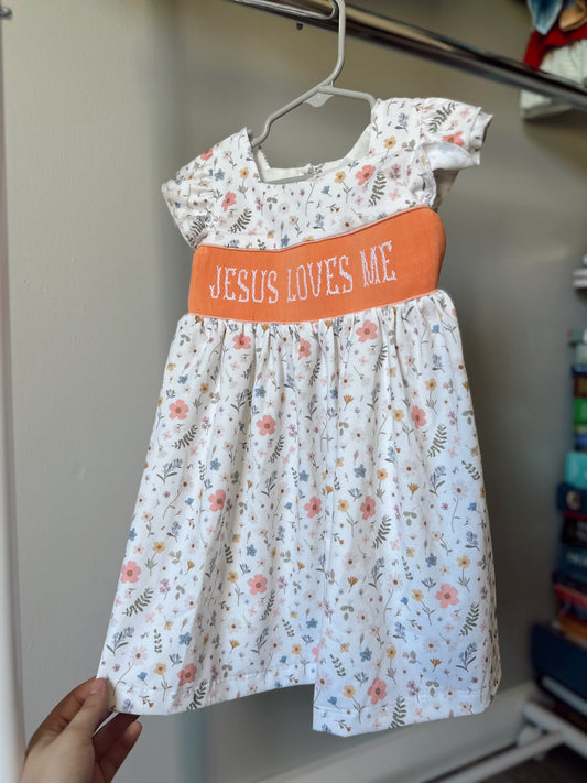 Girls coral floral Jesus loves me dress