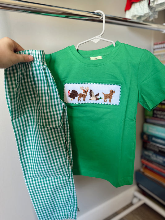 Boys green plaid smock hunting set