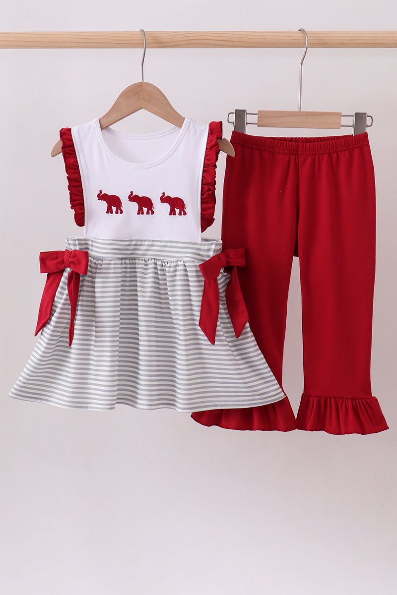 Maroon Alabama embroidery stripe ruffle pants set