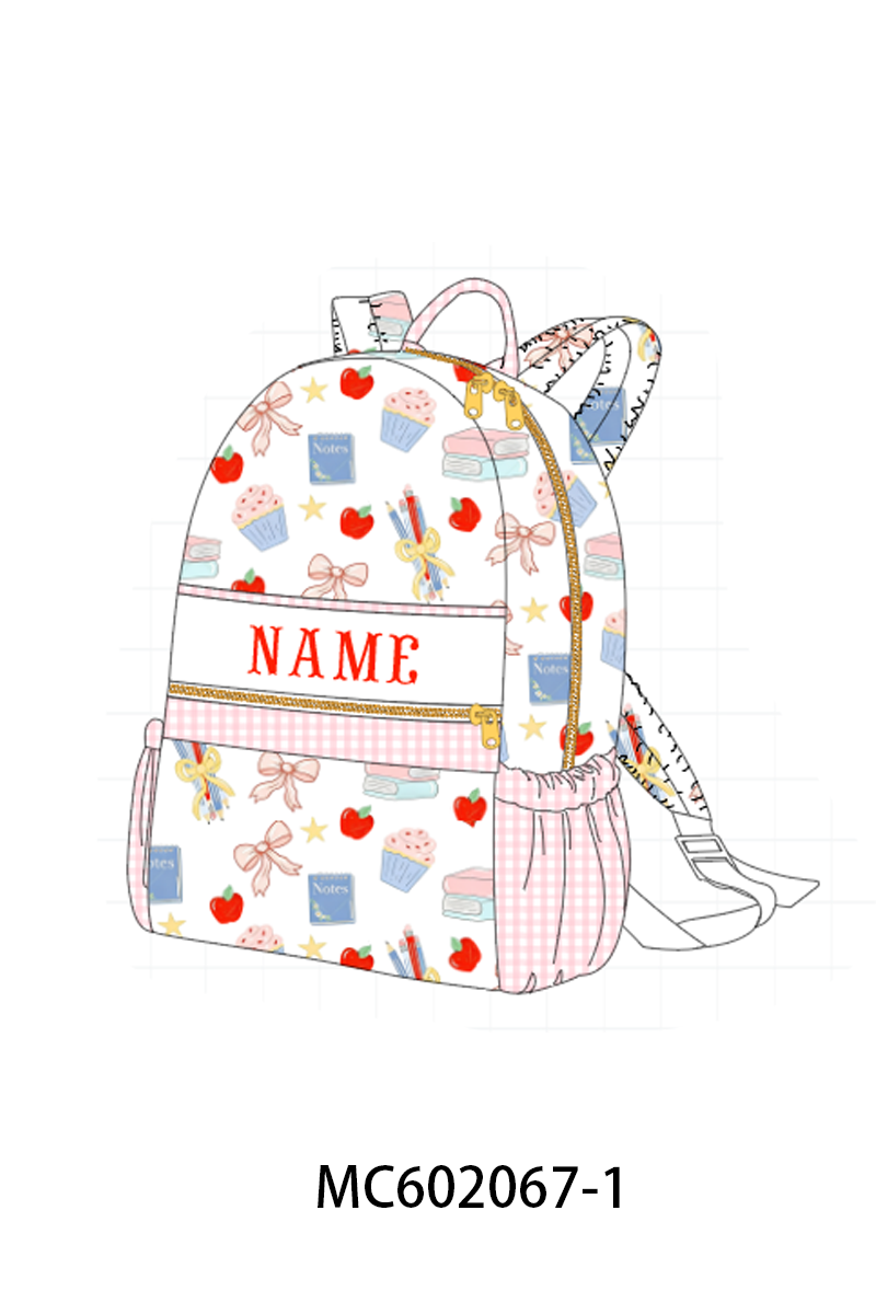 PO81 Pink apple bow book print monogram embroidery backpack - closing 2/16 - ETA July