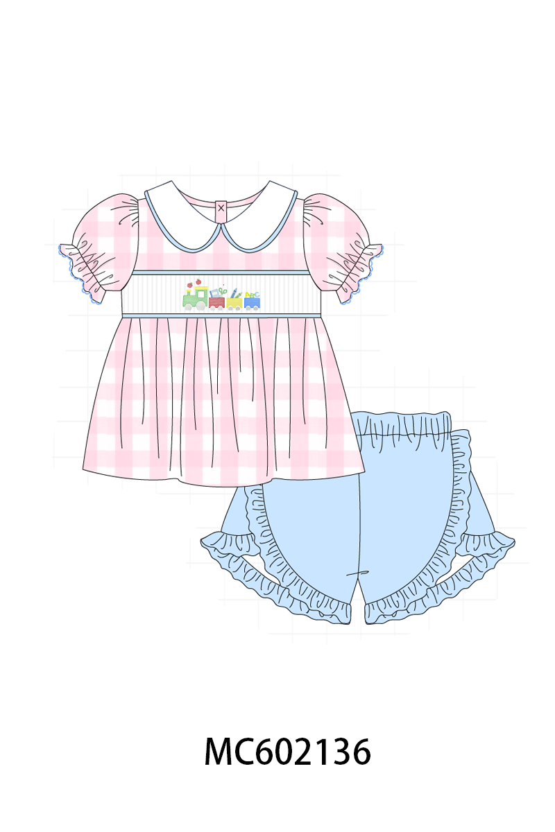 PO81 Pink&blue school train embroidery gingham collection - closing 2/16 - ETA July