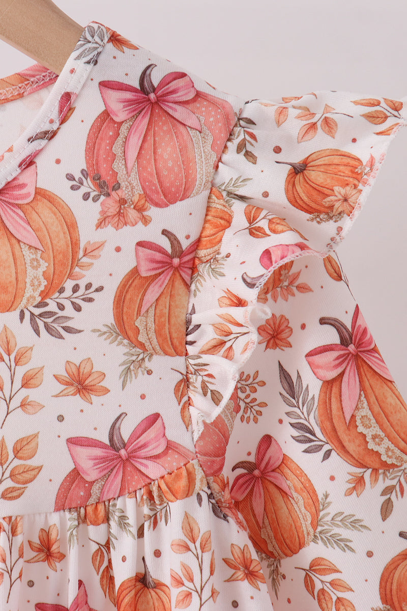 Orange Pumpkin Print Ruffle Dress
