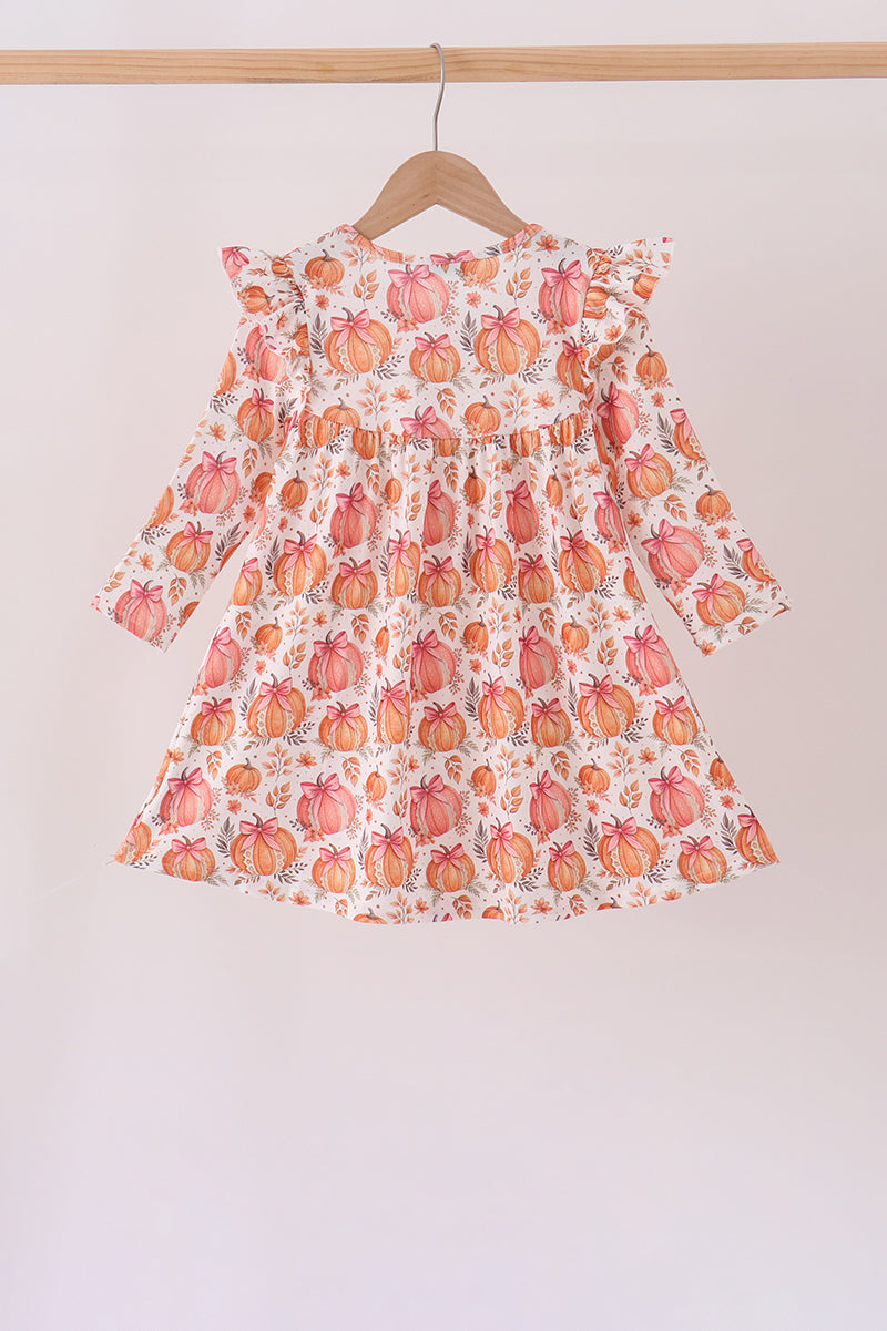 Orange Pumpkin Print Ruffle Dress