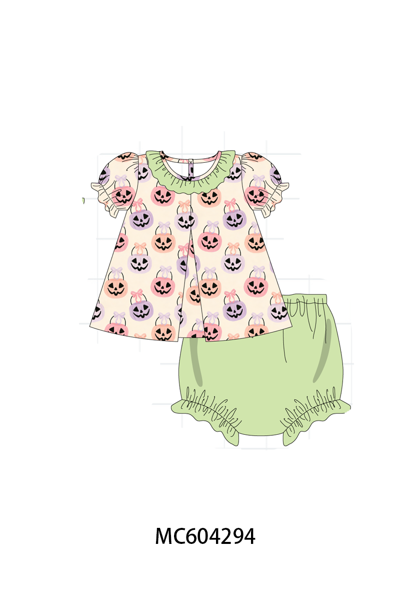 PO86 Green halloween pumpkin embroidery ruffle collection  - closing 4/13 - ETA early September