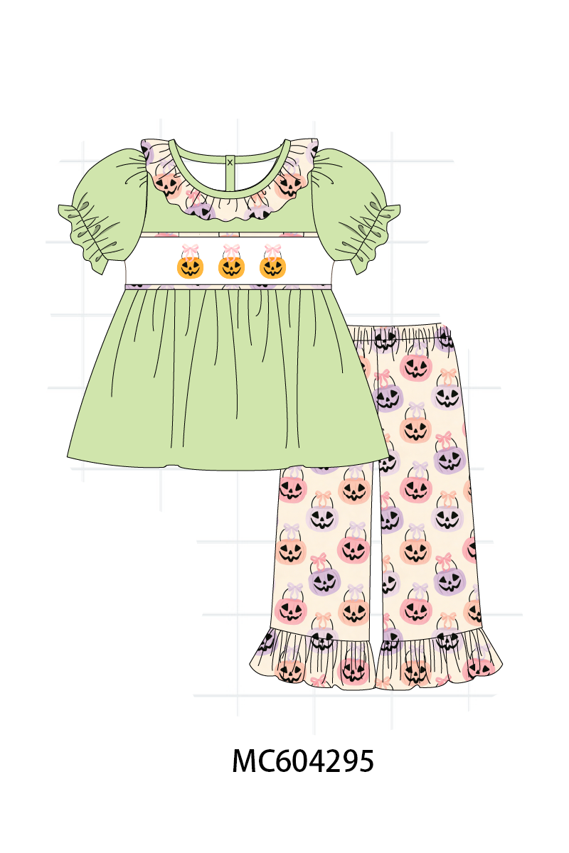 PO86 Green halloween pumpkin embroidery ruffle collection  - closing 4/13 - ETA early September