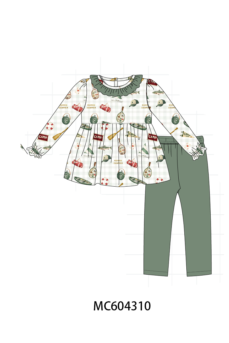 PO86 Green camping print ruffle collection  - closing 4/13 - ETA early September