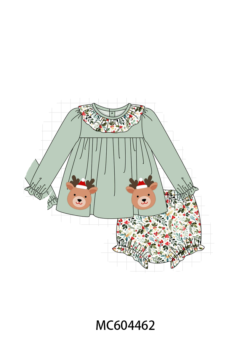 PO88 Sage christmas reindeer applique floral ruffle collection - closing 4/27 - eta late September