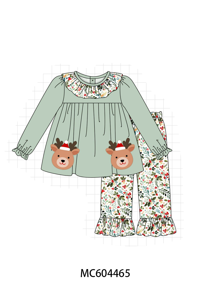 PO88 Sage christmas reindeer applique floral ruffle collection - closing 4/27 - eta late September