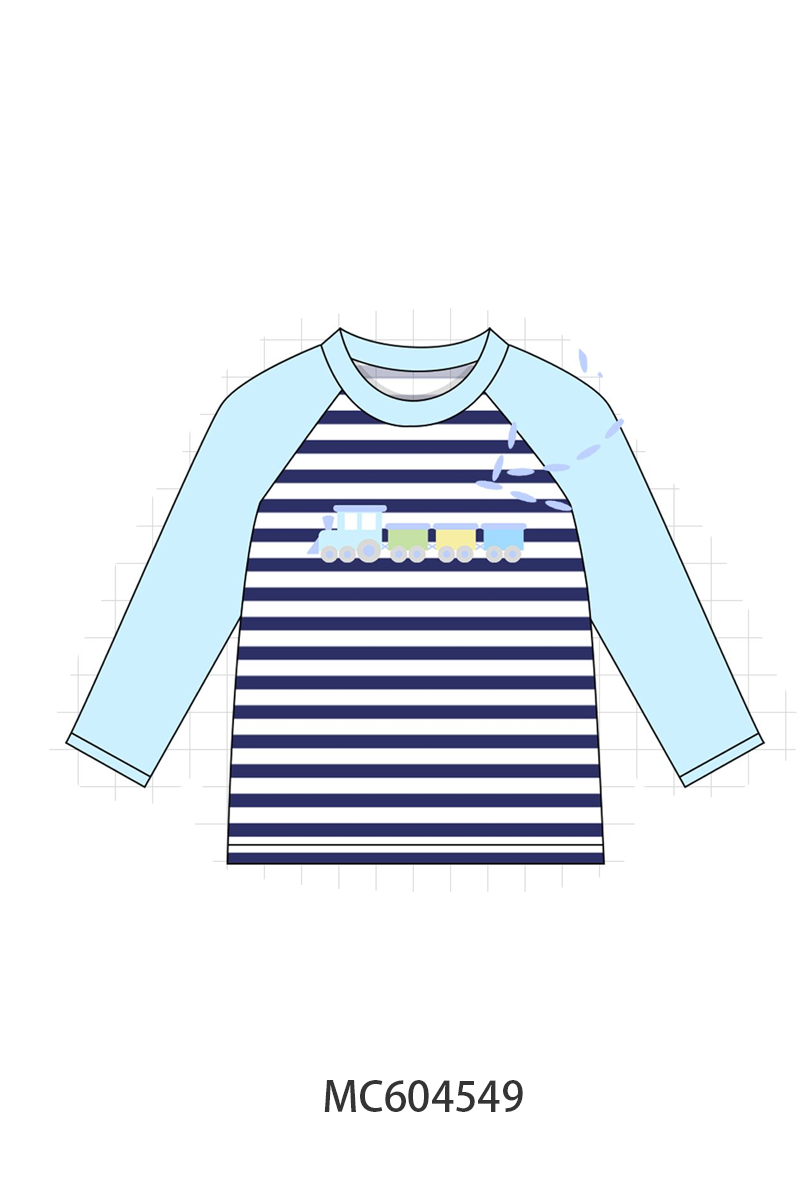 PO88 Blue stripe train embroidery collection - closing 4/27 - eta late September