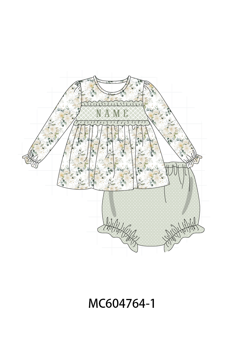 PO88 Sage floral monogram embroidery smocked ruffle collection - closing 4/27 - eta late September