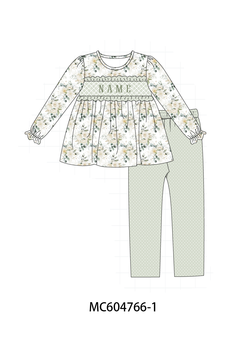 PO88 Sage floral monogram embroidery smocked ruffle collection - closing 4/27 - eta late September