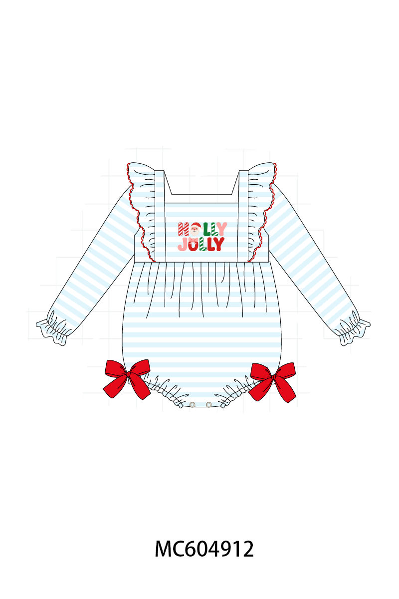 PO90 Blue stripe christmas holly jolly embroidery ruffle collection - closing 5/11 - ETA early October