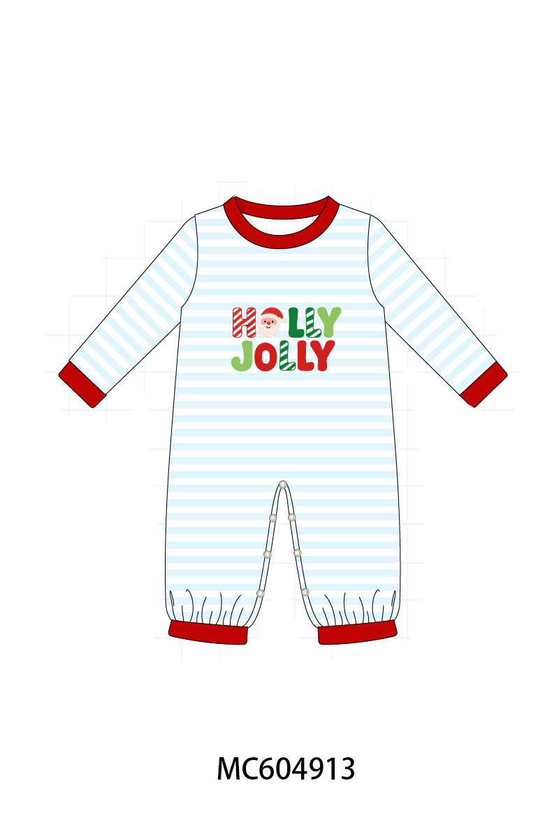 PO90 Blue stripe christmas holly jolly embroidery ruffle collection - closing 5/11 - ETA early October