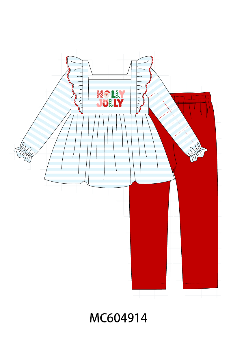 PO90 Blue stripe christmas holly jolly embroidery ruffle collection - closing 5/11 - ETA early October