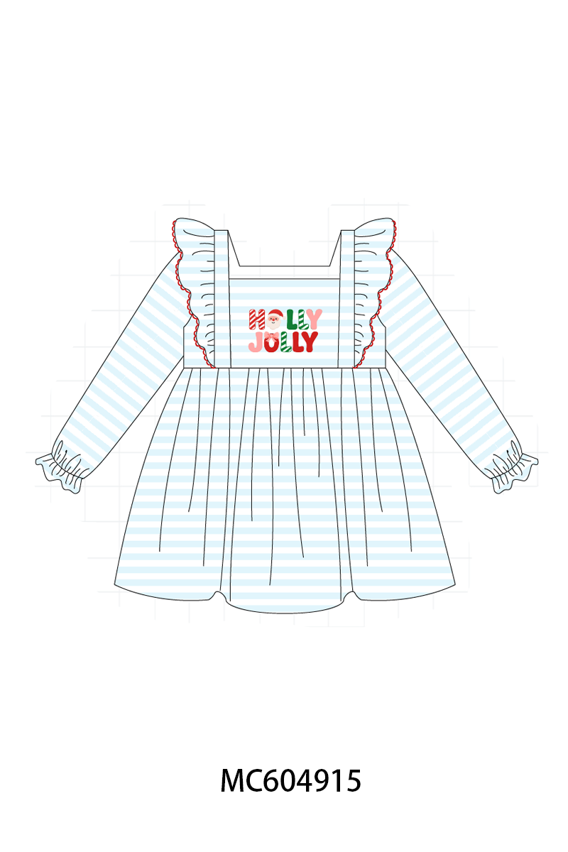 PO90 Blue stripe christmas holly jolly embroidery ruffle collection - closing 5/11 - ETA early October