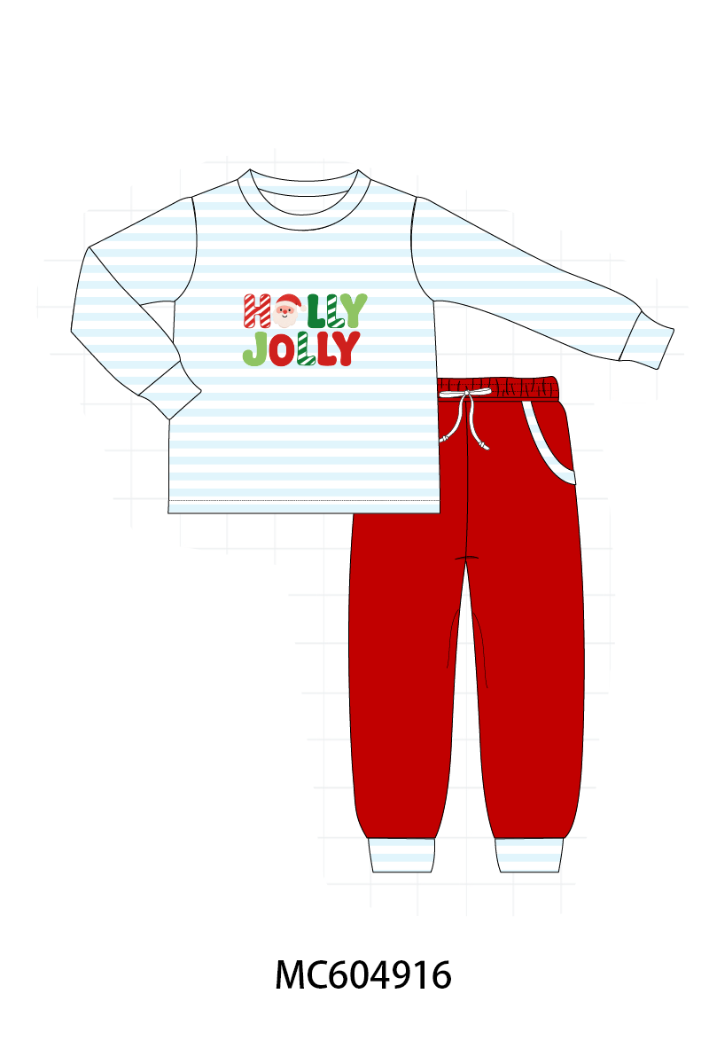 PO90 Blue stripe christmas holly jolly embroidery ruffle collection - closing 5/11 - ETA early October