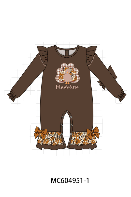 PO90 Brown thanksgiving turkey applique monogram embroidery floral ruffle collection - closing 5/11 - ETA early October