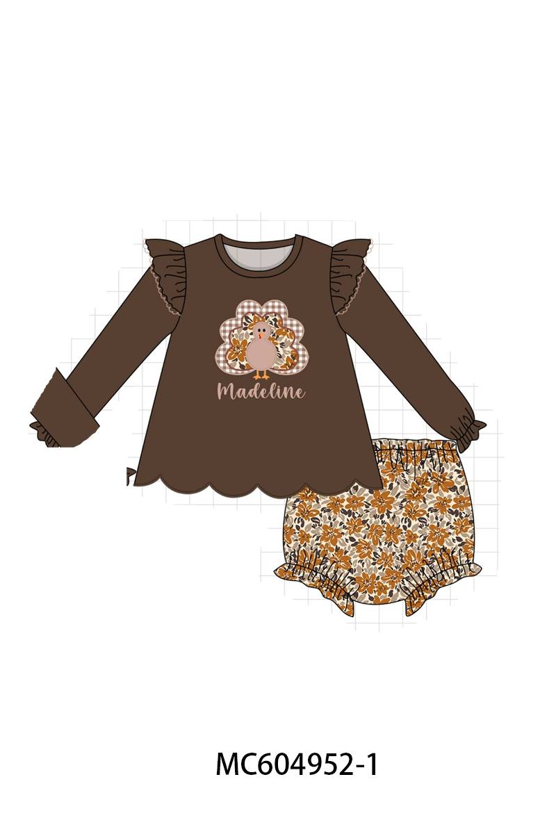 PO90 Brown thanksgiving turkey applique monogram embroidery floral ruffle collection - closing 5/11 - ETA early October