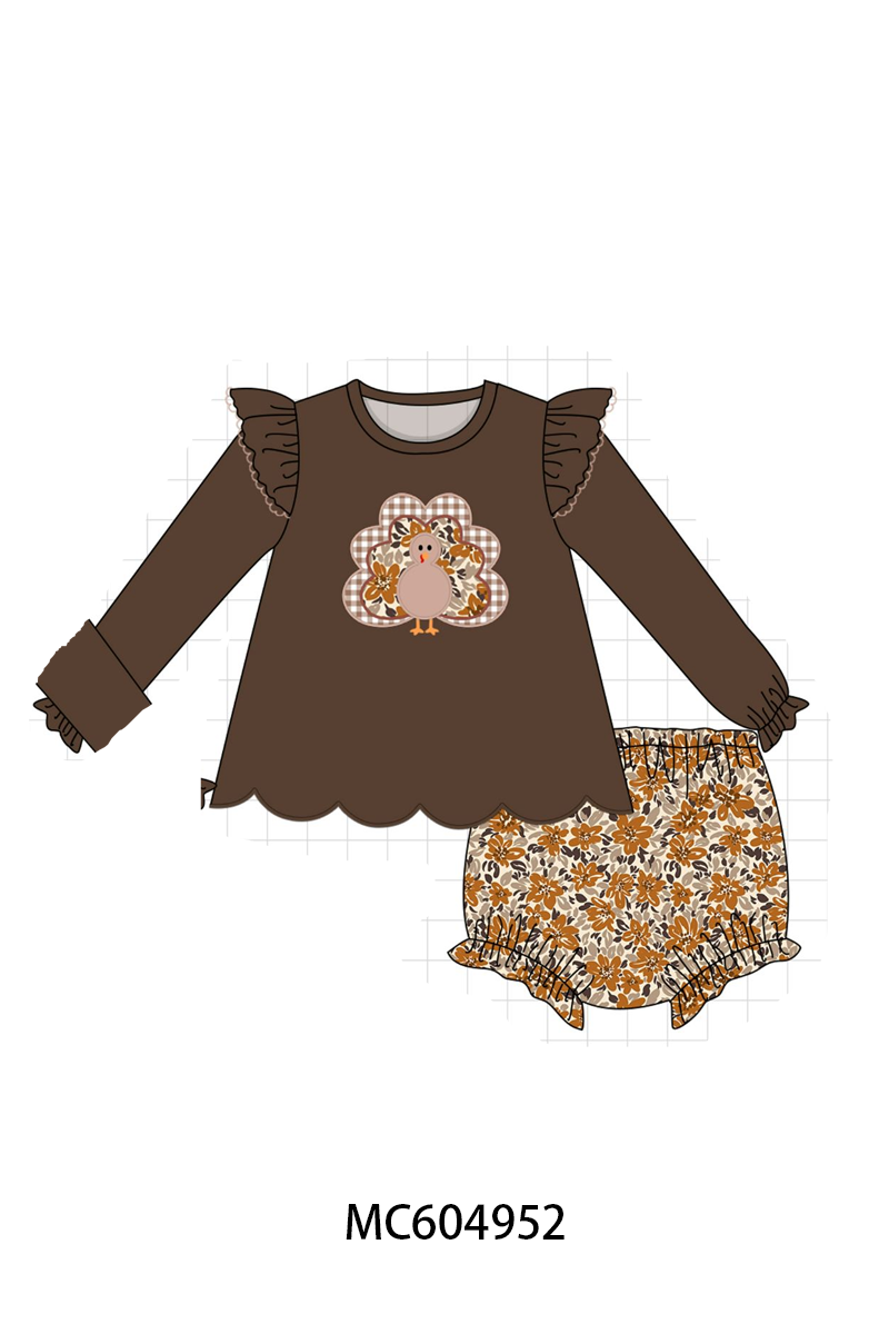 PO90 Brown thanksgiving turkey applique floral ruffle collection - closing 5/11 - ETA early October