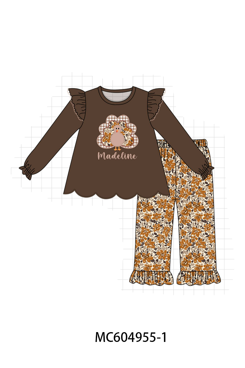 PO90 Brown thanksgiving turkey applique monogram embroidery floral ruffle collection - closing 5/11 - ETA early October