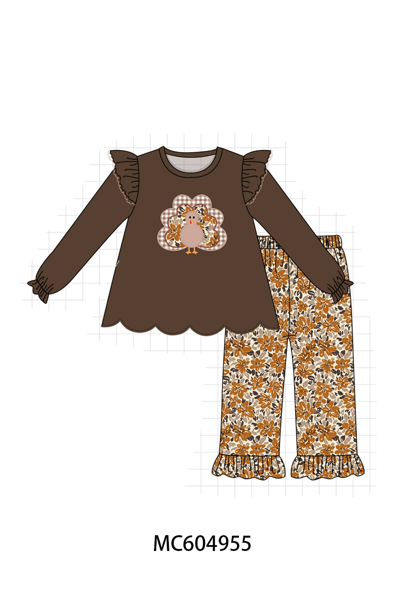 PO90 Brown thanksgiving turkey applique floral ruffle collection - closing 5/11 - ETA early October